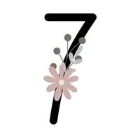 numero sette decorato con fiori, illustrazione vettoriale monogramma floreale in semplice stile boho, collezione di lettere decorative color pastello piatto