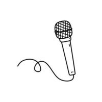 microfono con filo isolato su sfondo bianco. oggetto musicale per canto, spettacoli, karaoke. illustrazione disegnata a mano di vettore in stile doodle. perfetto per carte, decorazioni, logo.