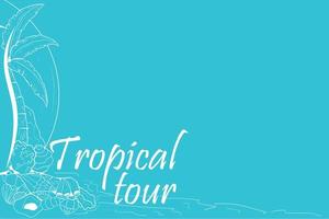 sfondo del tour tropicale con palma e conchiglie per l'agenzia di viaggi, banner, flyer. vettore