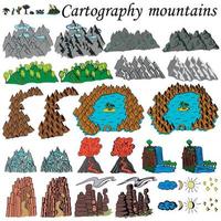 le montagne. elementi per creare mappe fantasy o giochi. mare, oceano e montagna con foreste, colline. cartografia. vettore