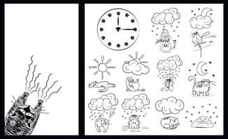 gatto su sfondo bianco. tema per smartphone. sfondo per la schermata principale, un quadrante di orologio con impronte di zampe e icone meteorologiche realizzate nello stato d'animo di un gatto. tempo gatto. illustrazione vettoriale. vettore