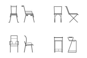 set di icone di sedia in bianco e nero astratto per soggiorno. vista frontale e laterale di diverse sedie in stile piatto, illustrazione vettoriale