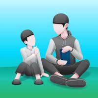 illustrazione islamica di padre e figlio che studiano vettore