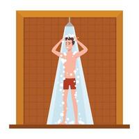 uomo felice che fa la doccia nel concetto esterno, illustrazione vettoriale piatta.