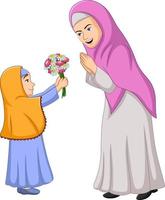 bambina che regala un mazzo di fiori a sua madre vettore