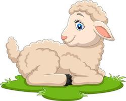 cartone animato felice agnello seduto sull'erba vettore