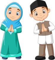 cartone animato felice per bambini musulmani su sfondo bianco vettore