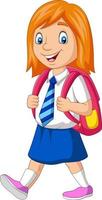 ragazza della scuola felice del fumetto in uniforme che trasporta lo zaino vettore