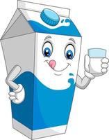 scatola del latte del fumetto che tiene un bicchiere di latte vettore