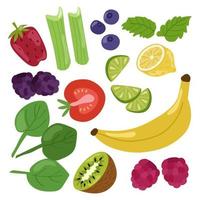 frutta fresca, bacche ed erbe aromatiche, un luminoso set estivo colorato. illustrazione vettoriale di fragole, spinaci, more, lamponi, limone, lime, sedano, ghiaccio, menta, pomodoro, mirtilli.
