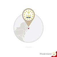 rhode island mappa dello stato degli Stati Uniti e bandiera in cerchio. mappa dell'isola di rhode, pin della bandiera dell'isola di rhode. mappa di rhode island nello stile del globo. vettore