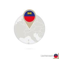 mappa del Liechtenstein e bandiera in cerchio. mappa del Liechtenstein, spilla della bandiera del Liechtenstein. mappa del liechtenstein nello stile del globo. vettore