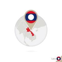 mappa del laos e bandiera in cerchio. mappa del laos, bandiera del laos. mappa del laos nello stile del globo. vettore