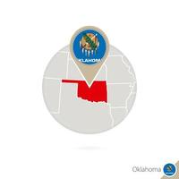 mappa dello stato dell'oklahoma e bandiera in cerchio. mappa dell'oklahoma, spilla della bandiera dell'oklahoma. mappa dell'oklahoma nello stile del globo. vettore