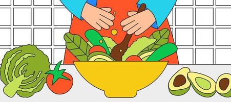 ragazza in cucina che prepara insalata di coleslaw, avocado e pomodoro. illustrazione vettoriale piatta. donna che cucina cibo sano, mescola verdure fresche e spezie in una ciotola