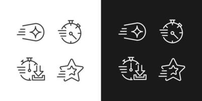 icone lineari perfette per pixel di velocità e tempo impostate per la modalità luce scura. stella cadente e cometa. cronometro. download rapido. simboli di linee sottili per la notte, il tema del giorno. illustrazioni isolate. tratto modificabile vettore
