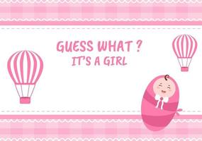 foto di nascita è una ragazza con un'immagine del bambino e un'illustrazione del fumetto di sfondo di colore rosa per biglietto di auguri o cartello vettore
