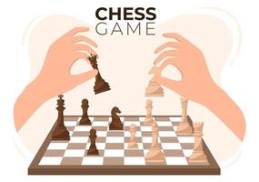 scacchiera a scacchi cartone animato sfondo illustrazione con pezzi in bianco e nero per attività hobby, competizione o torneo vettore