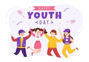 felice giornata internazionale della gioventù simpatico cartone animato illustrazione con giovani ragazzi e ragazze per la campagna in uno sfondo di stile piatto vettore