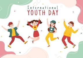 felice giornata internazionale della gioventù simpatico cartone animato illustrazione con giovani ragazzi e ragazze per la campagna in uno sfondo di stile piatto vettore