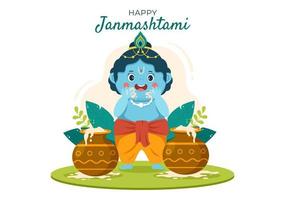 felice krishna janmashtami festival dell'india con bansuri e flauto, dahi handi e piuma di pavone in un simpatico cartone animato piatto illustrazione di sfondo vettore
