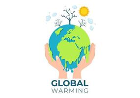 illustrazione in stile cartone animato di riscaldamento globale con il pianeta terra in uno stato di fusione o combustione e sole immagine per prevenire danni alla natura e ai cambiamenti climatici vettore