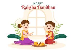 felice raksha bandhan fumetto illustrazione con sorella che lega rakhi sul polso dei suoi fratelli per indicare il legame d'amore nella celebrazione del festival indiano vettore