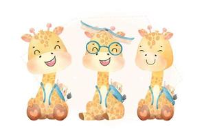 gruppo di tre giraffe del bambino felice dell'acquerello carino con lo zaino della scuola, torna a scuola cartone animato infanzia animale fauna selvatica acquerello vettore