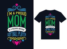 sono una mamma orgogliosa di un fantastico design di t-shirt da giocatore di softball vettore