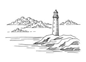 paesaggio marino. faro. illustrazione disegnata a mano convertita in vettore. vettore grafico dell'illustrazione dello schizzo del paesaggio della costa del mare.