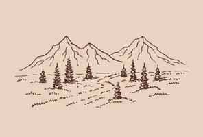 illustrazione vettoriale disegnato a mano del paesaggio di montagna con alberi di pino.