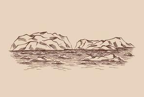 paesaggio artico. monti ghiacciati, iceberg. illustrazione disegnata a mano convertita in vettore. vettore
