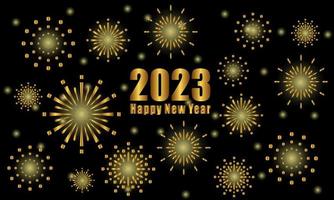 felice anno nuovo 2023. fuochi d'artificio dorati nel design geometrico piatto. decorazioni per le vacanze, cartoline, poster, striscioni, volantini. illustrazione vettoriale