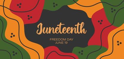 juneteenth banner orizzontale astratto design con forme organiche casuali rosso giallo verde brillante, bordo delle linee. modello vettoriale per il diciannovesimo giorno della libertà con il logo del testo. celebrazione negli Stati Uniti.