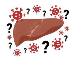 misteriosa epatite acuta di concetto di causa sconosciuta. illustrazione vettoriale di fegato infetto con icone di batteri e punti interrogativi isolati su sfondo bianco. malattie del fegato, focolaio di epatite virale