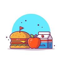 hamburger con latte, bandiera e frutta mela fumetto icona vettore illustrazione. cibo oggetto icona concetto isolato premium vettore. stile cartone animato piatto