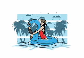 ragazza che indossa un cappello da spiaggia in un'illustrazione di fenicottero salvagente gonfiabile vettore