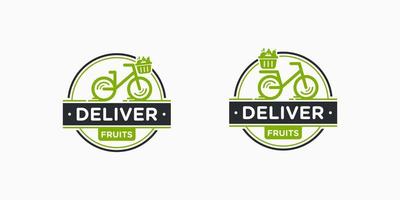 timbro vintage bicicletta bicicletta ciclo consegna corriere cibo sano frutta verdura organico vettore logo design