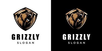Orso grizzly testa animale illustrazione arrabbiato mascotte forte con scudo simbolo di sicurezza logo vettoriale design