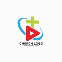 icona di vettore di progettazione del logo a croce con il concetto online per la chiesa cristiana