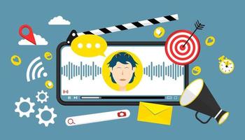 smartphone live streaming di contenuti online, elementi di cartone animato design illustrazione di marketing. vettore