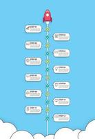 infografica di avvio con 12 modelli di dati a linea sottile. illustrazione vettoriale razzo astratto su sfondo blu.