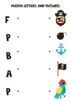 abbina oggetti e lettere dei pirati. gioco logico educativo per bambini. foglio di lavoro del vocabolario. vettore