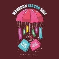 vendita di stagione dei monsoni con ombrello e borsa vendita speciale grande vendita sconto cartone animato vettore