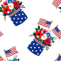 disposizione dei fiori del giorno dell'indipendenza del fumetto in cappelli a cilindro patriottici americani con foglie verdi, bandiere. biglietti di auguri, striscioni del 4 luglio. isolato su sfondo bianco. vettore