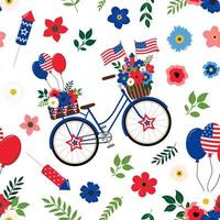 bici blu retrò floreale patriottica americana con bandiere americane e palloncini senza cuciture. isolato su sfondo bianco. sfondo di design a tema festa dell'indipendenza americana. vettore