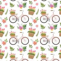 modello in stile vintage con bicicletta floreale e graziosi fiori rosa e gialli. isolato su sfondo bianco. stampa carina e romantica del giardino botanico per il design tessile, carte. vettore