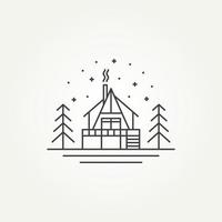 design minimalista dell'illustrazione di vettore del modello del logo dell'icona della linea della casa della cabina della cabina. semplice cabina o cottage house nel mezzo della foresta di notte logo concept