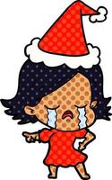 illustrazione in stile fumetto di una ragazza che piange e indica che indossa il cappello di Babbo Natale vettore