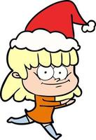disegno a tratteggio di una donna sorridente che indossa il cappello di Babbo Natale vettore